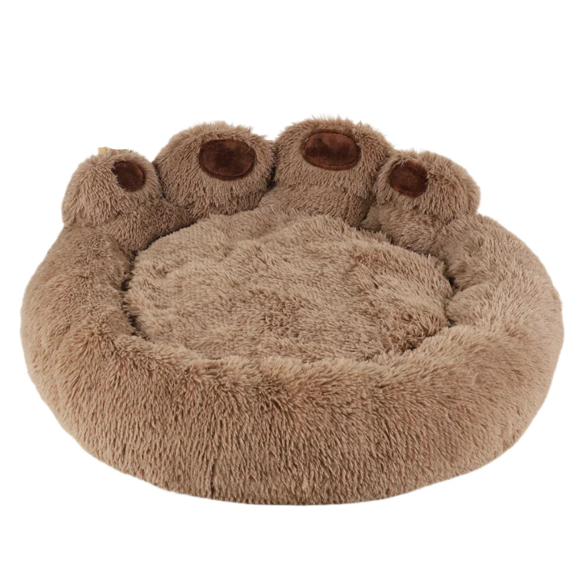Kuscheliges braunes Hundebett in Pfotenform, Plüschmaterial, ideal für Haustierkomfort.
