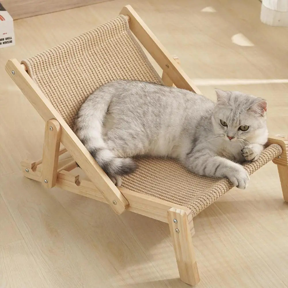 Graue Katze auf Holz-Katzenliege aus Sisal, modernes Design, Haustiermöbel, Wohnzimmer.