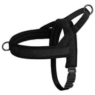 Schwarzes Hundegeschirr, verstellbar, strapazierfähig, mit Klickverschluss und D-Ringen.