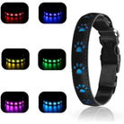 LED-Hundehalsband, schwarz, Pfotenmuster, mehrfarbig leuchtend, verstellbar, Sicherheitszubehör.