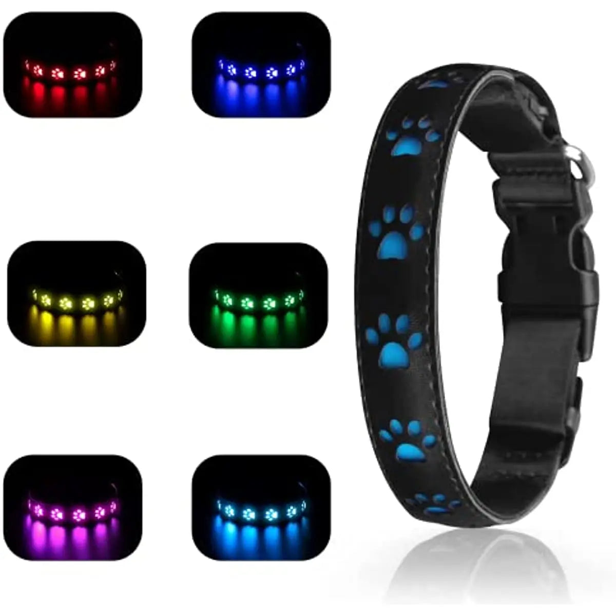 LED-Hundehalsband, schwarz, mit leuchtenden Pfotenabdrücken, verstellbar, verschiedene Farben.