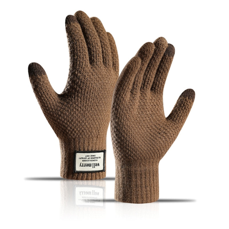 Braune Strickhandschuhe mit Touchscreen-Funktion, ideal für kalte Wintertage. Hochwertige Materialien, stilvolles Design, perfekte Passform.