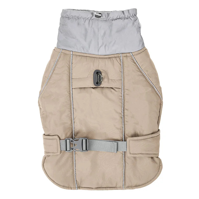 Wasserdichter Hundemantel in Beige und Grau, verstellbar, mit Schnalle. Ideal für kaltes Wetter, schützt vor Regen und Wind. Perfekt für Spaziergänge.
