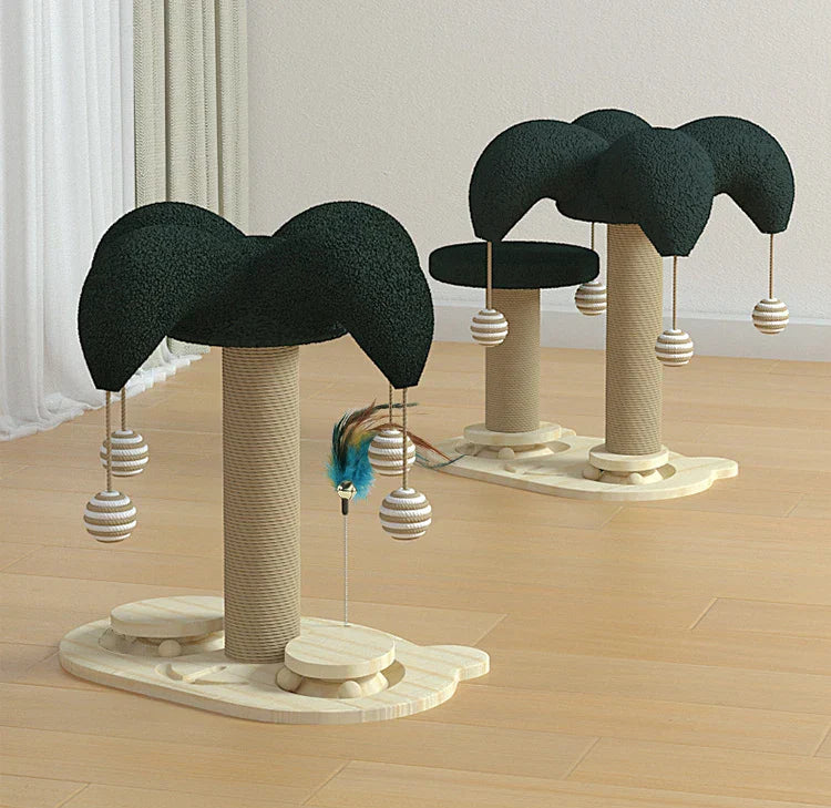 Kratzbaum für Katzen, Palmenform, Sisal, Spielzeuganhänger, Kratzsäule, beige und dunkelgrün.