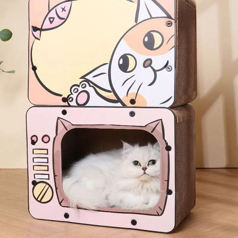 Katzenhaus aus Pappe, TV-Design, beige, mit weißer Katze, Kratzbaum, Katzenmöbel, Spielhaus.