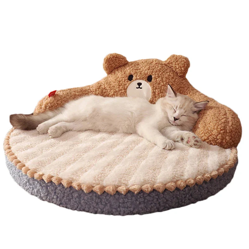 Katzenbett Bärendesign, beige, Plüsch, rund, gemütlich, für Haustiere, Schlafplatz, Katzenzubehör