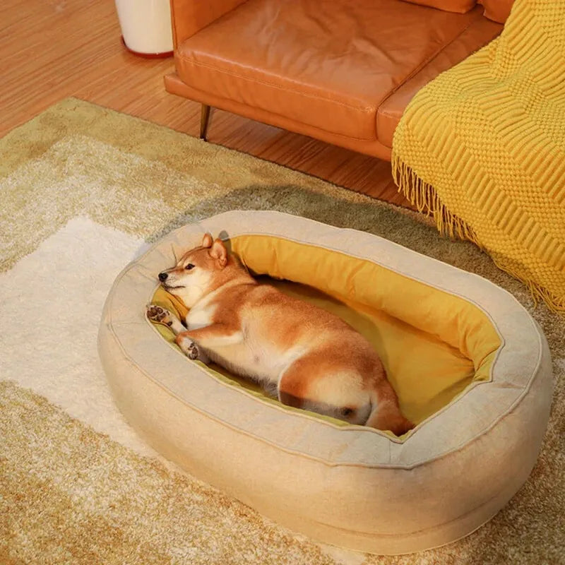 Hund schläft in beigem Hundebett auf Teppich, gelbe Decke, gemütliches Wohnzimmer.