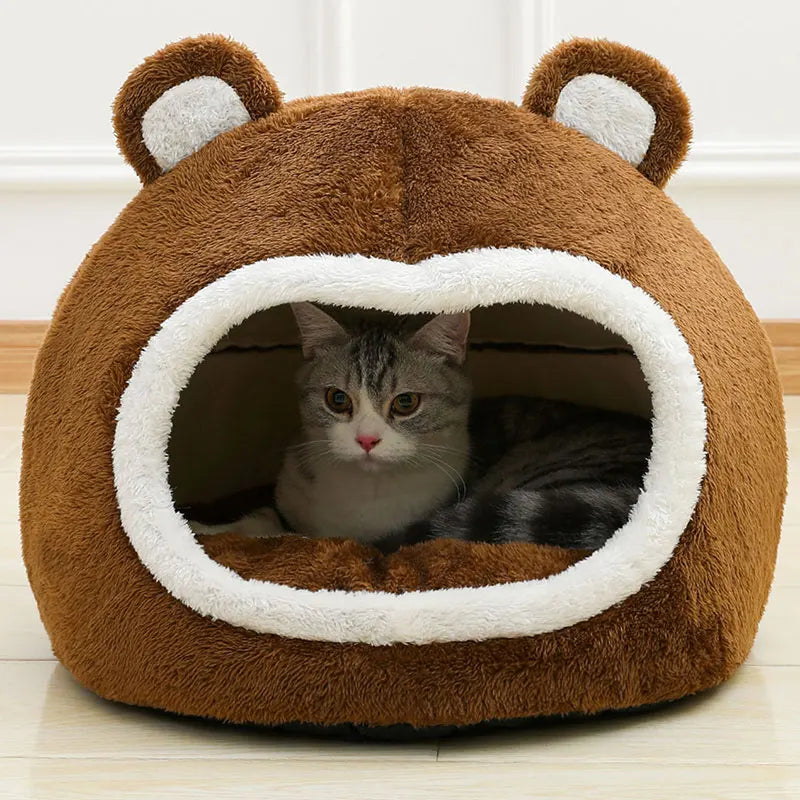 Katzenbett Bärenform, braun, Plüsch, gemütlich, Haustierhöhle, Katzenhaus, Tierbedarf.