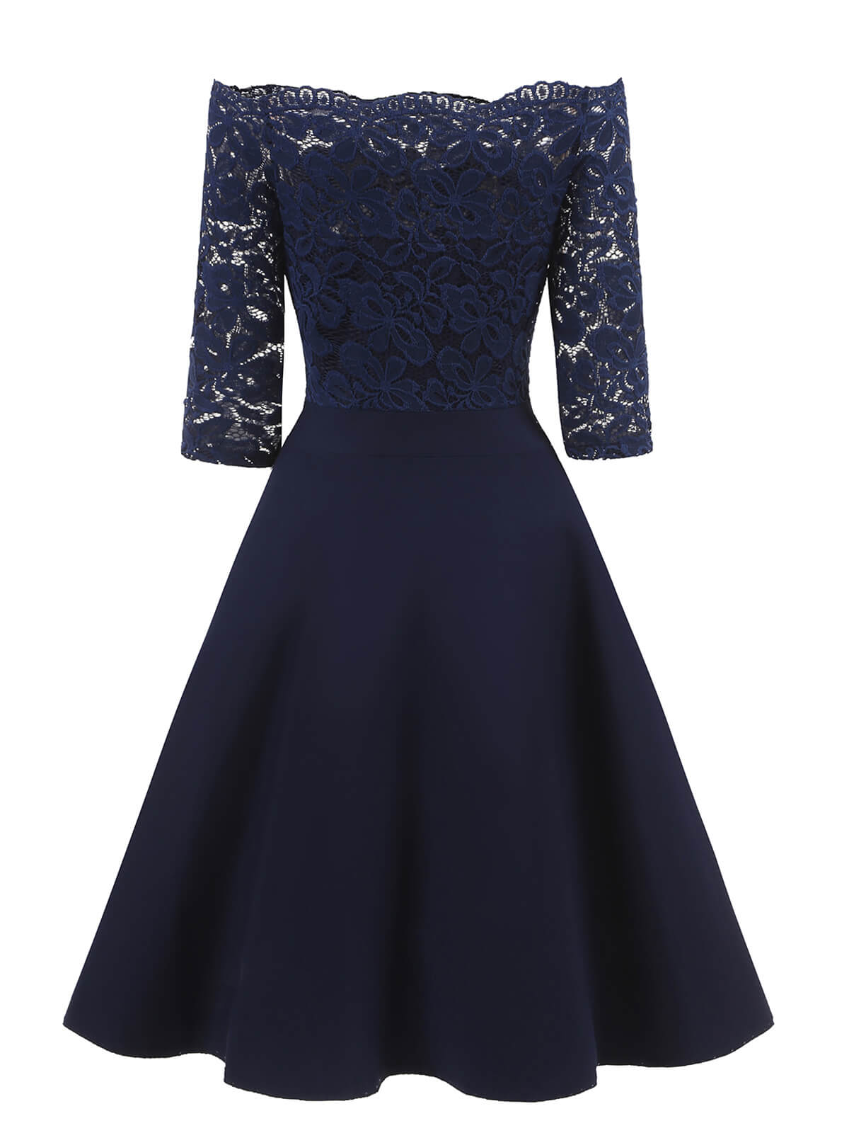 Elegantes dunkelblaues Spitzenkleid mit schulterfreiem Design und halblangen Ärmeln. Perfekt für Abendveranstaltungen und besondere Anlässe.