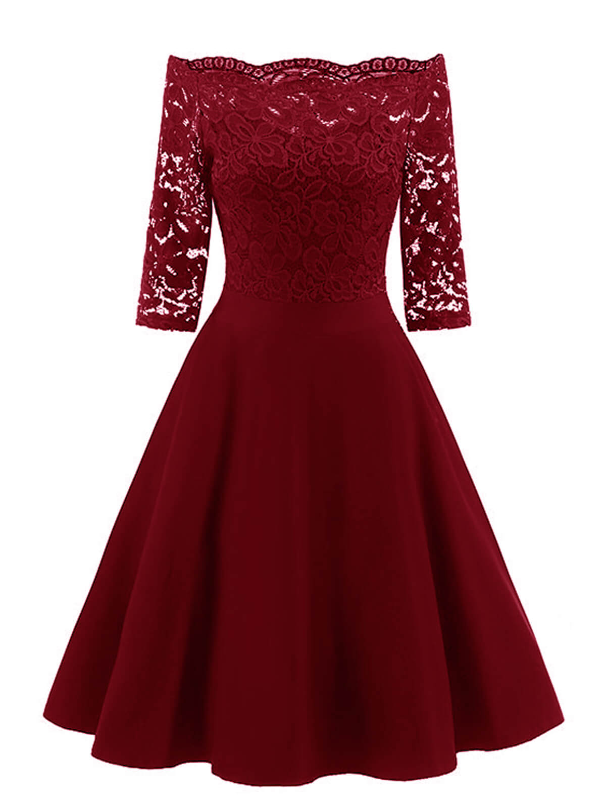Elegantes, schulterfreies, weinrotes Spitzenkleid mit halblangen Ärmeln. Perfekt für Abendveranstaltungen und festliche Anlässe.