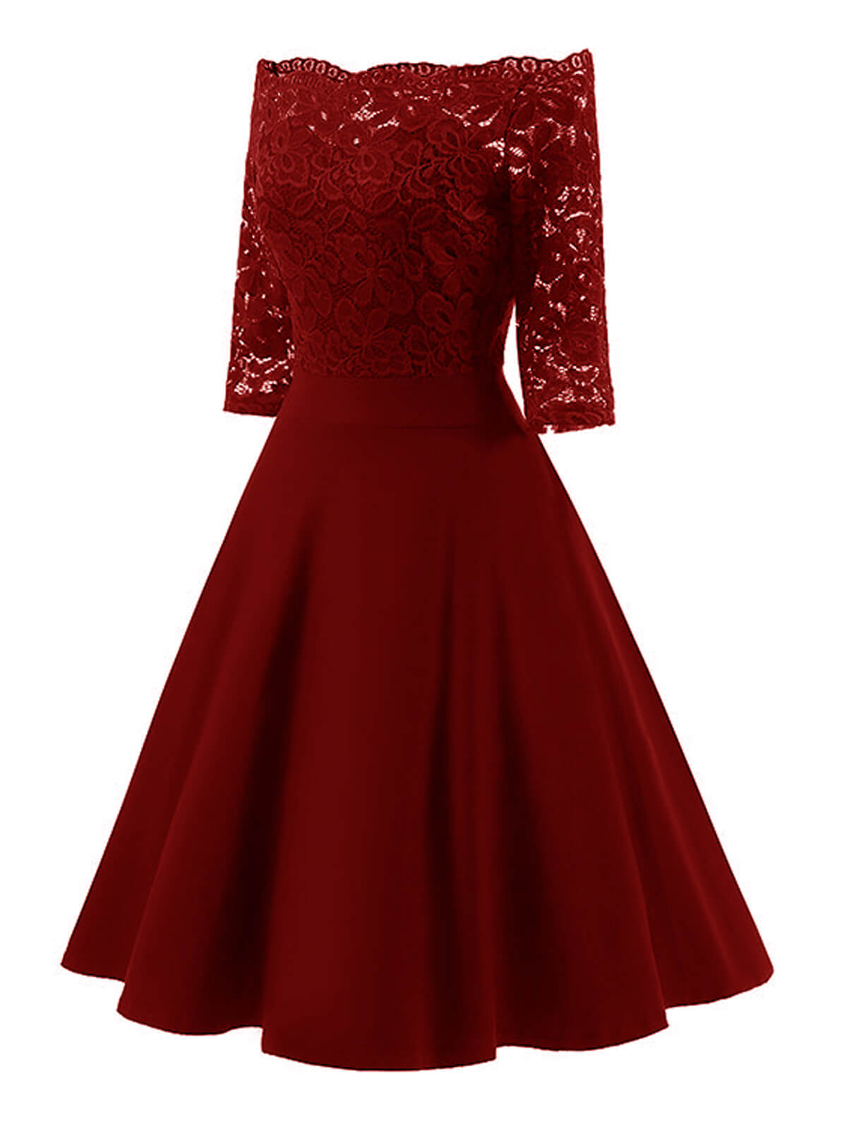 Elegantes rotes Spitzenkleid mit schulterfreiem Design und halblangen Ärmeln. Perfekt für Abendveranstaltungen und festliche Anlässe.