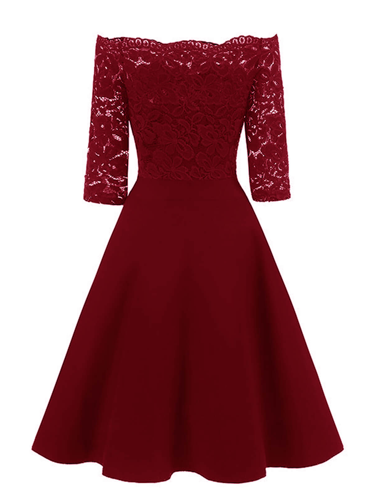 Elegantes, schulterfreies, weinrotes Spitzenkleid mit halblangen Ärmeln. Perfekt für Abendveranstaltungen und festliche Anlässe.