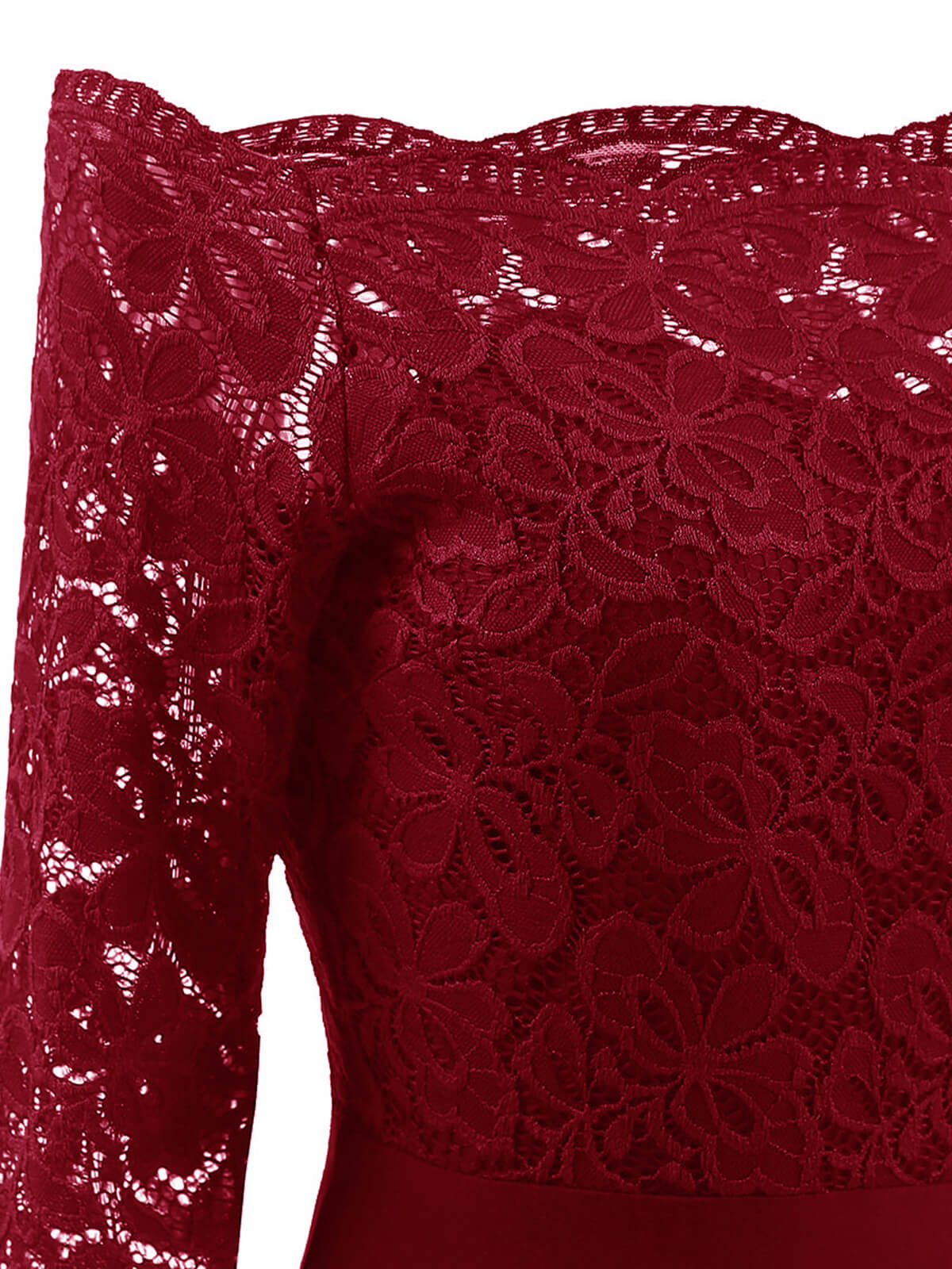 Elegantes rotes Spitzenkleid mit floralen Mustern, schulterfrei, ideal für Abendmode und besondere Anlässe. Hochwertige Damenbekleidung.