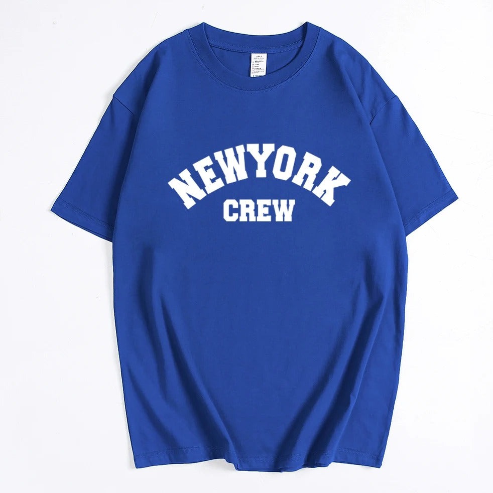 Blaues T-Shirt mit "New York Crew" Aufdruck, lässiger Stil, 100% Baumwolle, ideal für Streetwear und Freizeitmode. Perfekt für urbane Outfits.