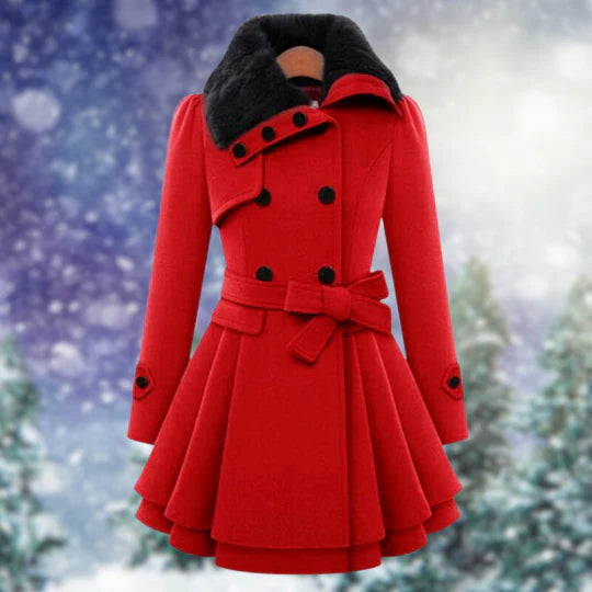 Eleganter roter Wintermantel mit schwarzem Kragen, doppelreihig, tailliert, ideal für Damenmode, stilvoll und warm für kalte Tage.