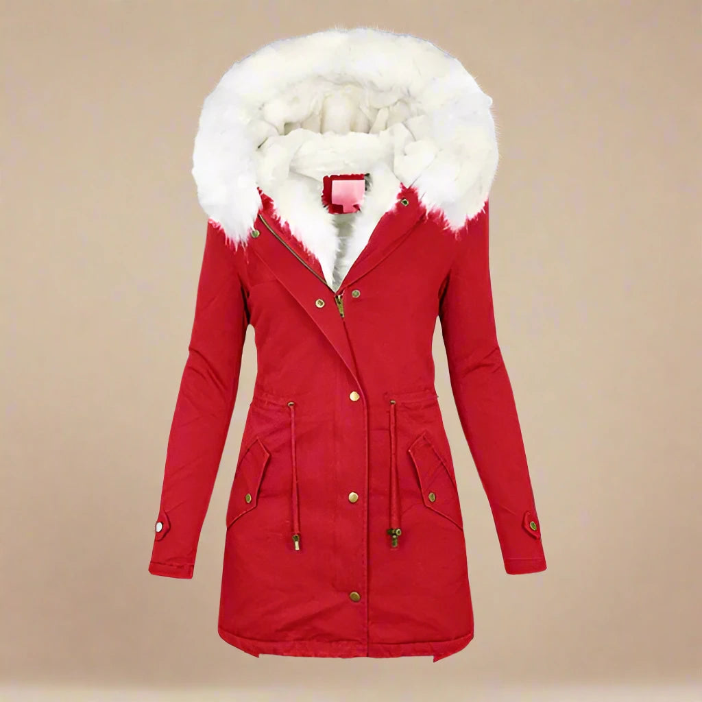 Roter Damenparka mit Kapuze, Kunstfellbesatz, warm gefüttert, ideal für Wintermode. Stilvoller Mantel, perfekt für kalte Tage.