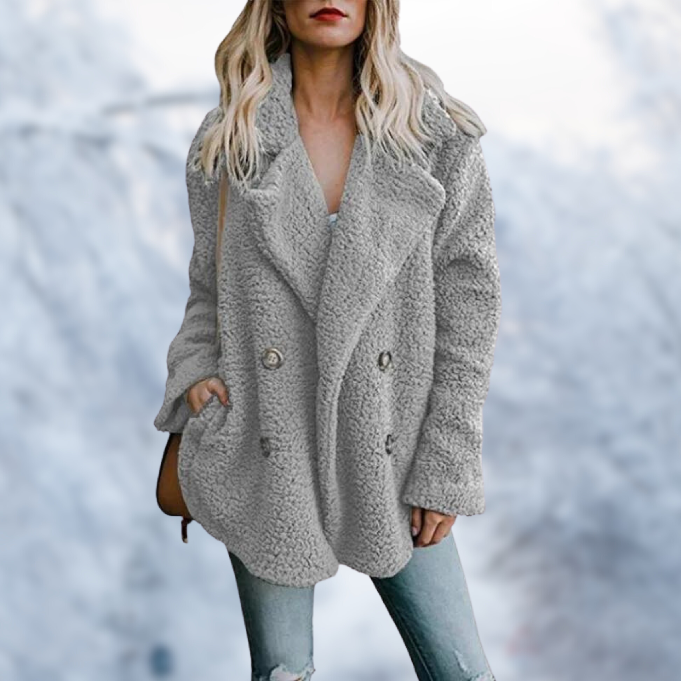 Damen Wintermantel aus grauem Teddyfell, modisch und warm. Perfekt für kalte Tage. Stilvoller Look, ideal für Herbst und Wintermode.