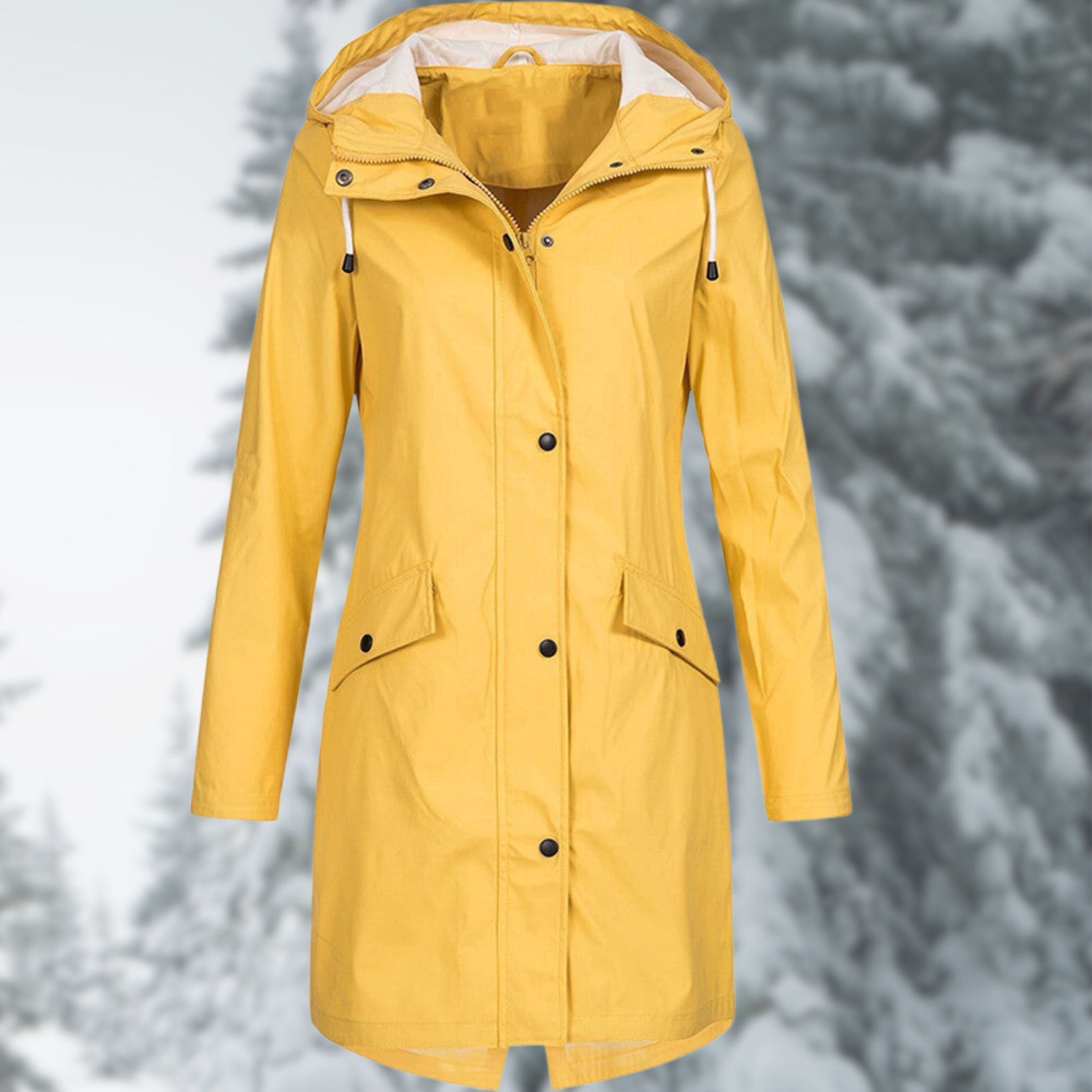 Gelber Regenmantel für Damen, wasserdicht, mit Kapuze und Taschen, ideal für Outdoor-Aktivitäten. Perfekt für Herbst- und Winterwetter.