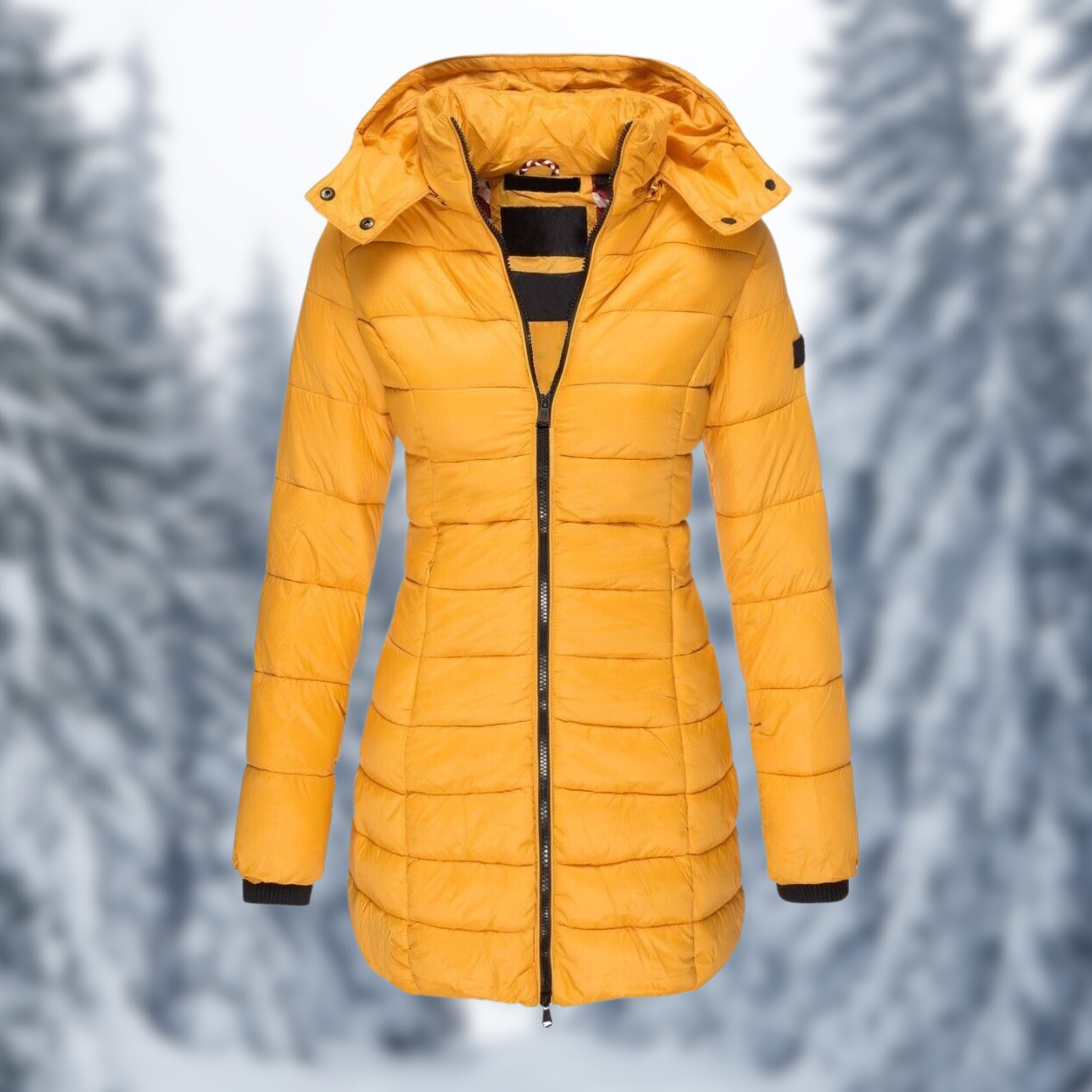 Gelbe Damen-Daunenjacke mit Kapuze, ideal für Wintermode. Leicht, warm und stilvoll, perfekt für kalte Tage. Hochwertige Outdoor-Bekleidung.