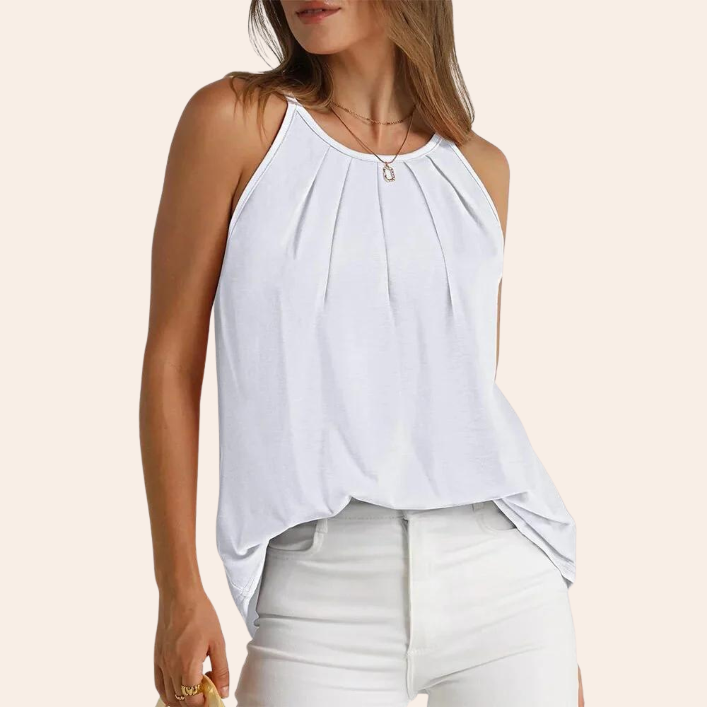 Damen-Top in Weiß, ärmellos, mit Rundhalsausschnitt. Perfekt für Sommermode, lässiger Look, vielseitig kombinierbar. Ideal für Freizeit und Alltag.