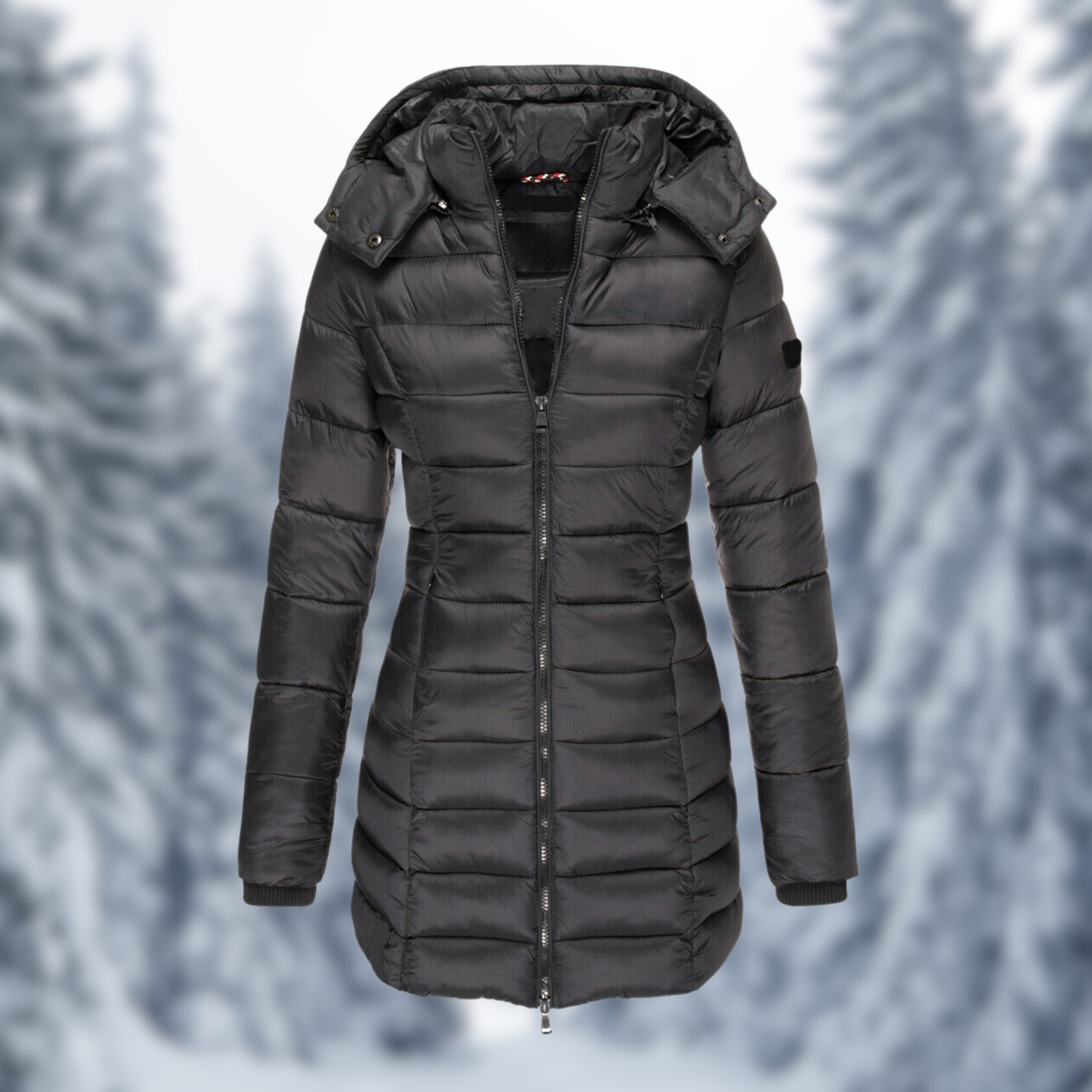 Damen Winterjacke, schwarz, gesteppte Daunenoptik, mit Kapuze. Perfekt für kalte Tage. Modisch, warm und funktional. Ideal für Wintermode.