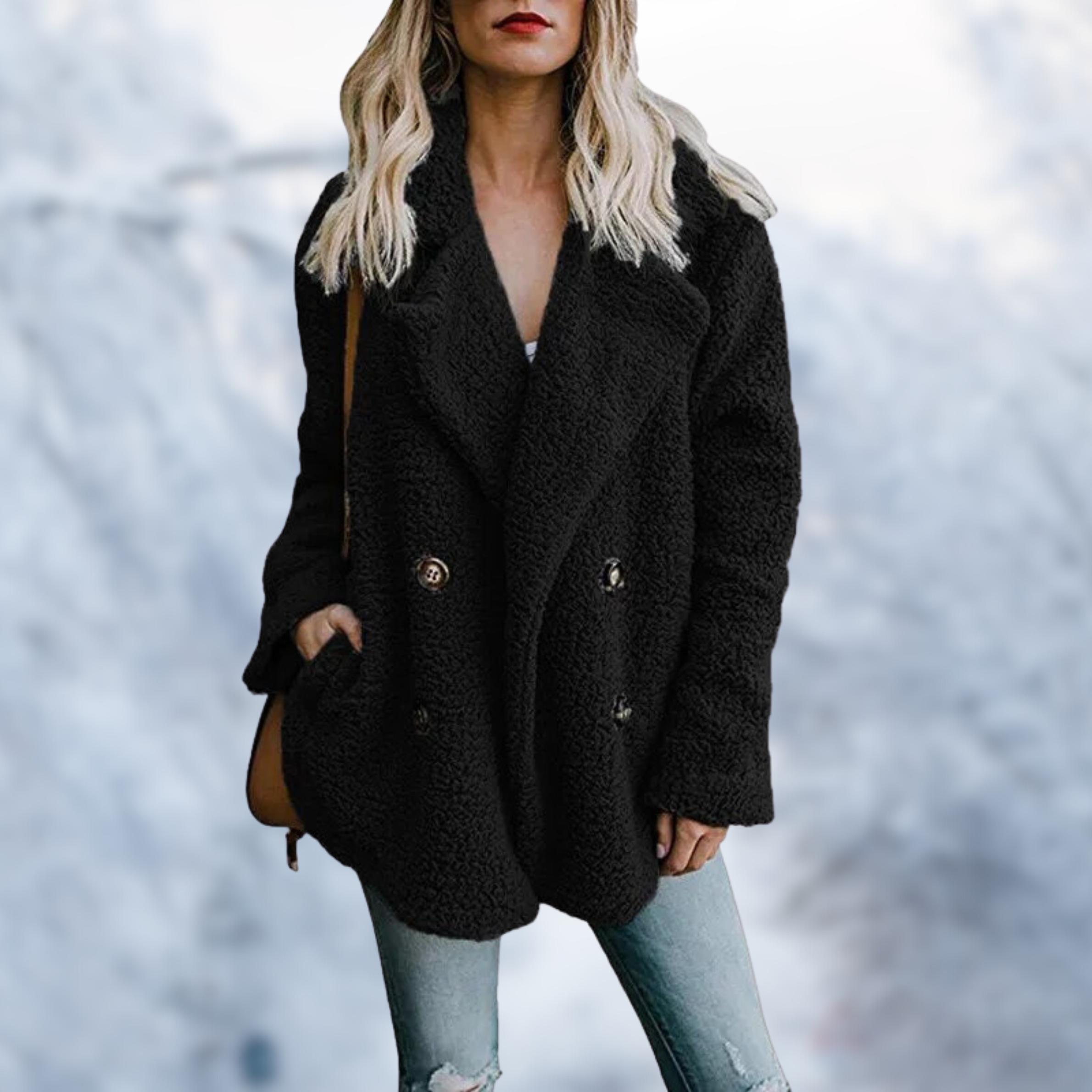 Frau in schwarzem Teddy-Mantel, lässig und modisch, vor winterlicher Kulisse. Perfekt für kalte Tage. Wintermode, Damenbekleidung, Trend.