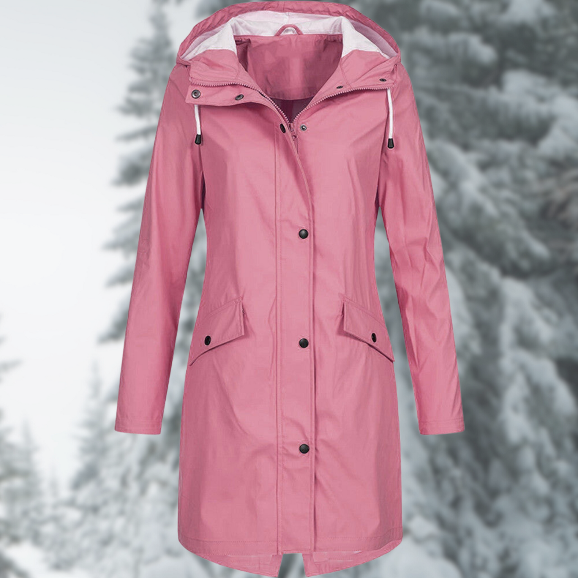 Damen Regenmantel in Rosa, wasserdicht, mit Kapuze und Taschen. Perfekt für Outdoor-Aktivitäten. Stilvoller Schutz bei jedem Wetter.