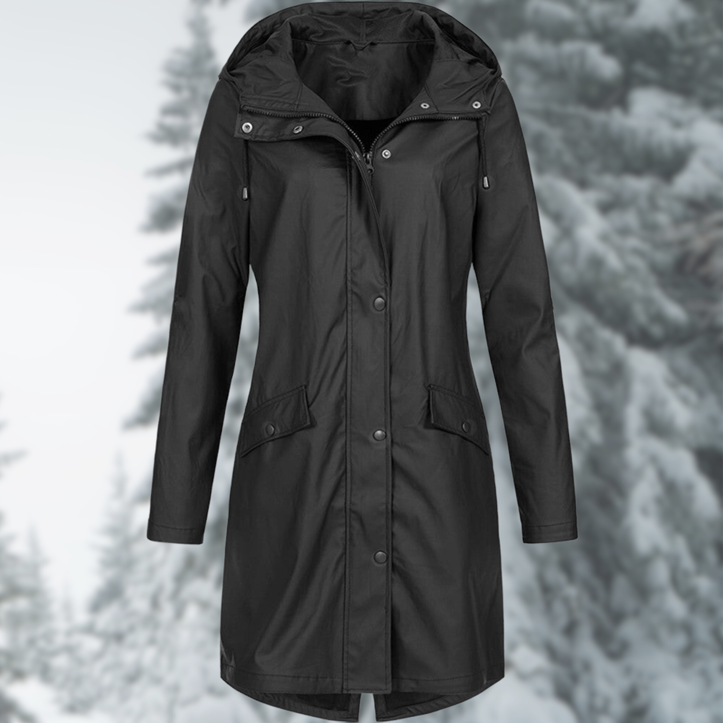 Schwarzer Damenparka mit Kapuze, wasserabweisend, ideal für Winter und Outdoor-Aktivitäten. Stilvoller Mantel für kalte Tage.