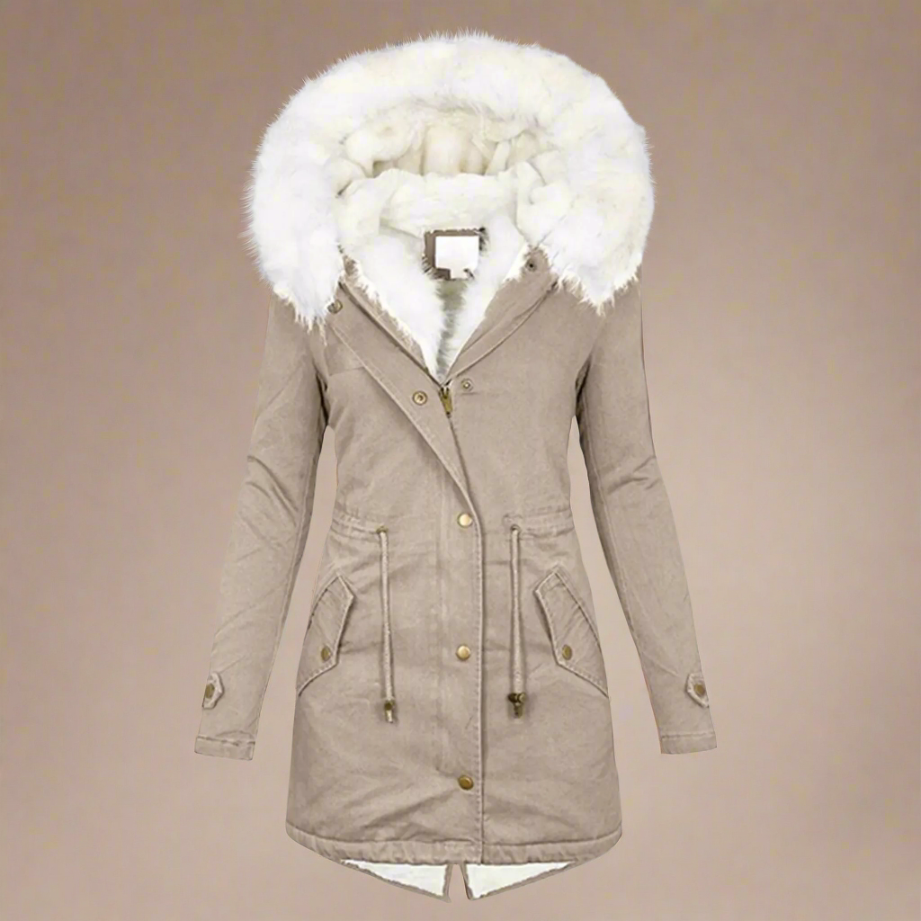 Damen Winterparka mit Kapuze, beige, Kunstfellbesatz, warm gefüttert, modisch, elegant, ideal für kalte Tage, stilvoller Mantel.