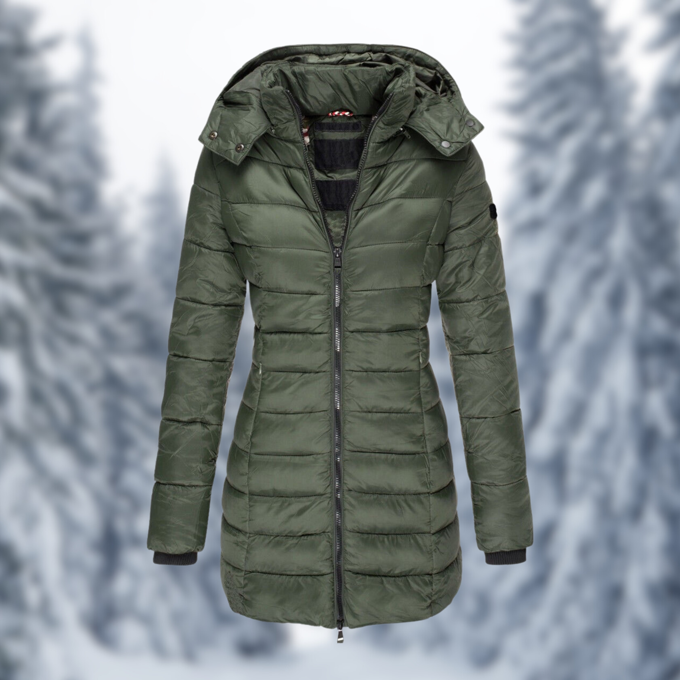 Damen Winterjacke in Olivgrün, gesteppte Daunenoptik, mit Kapuze und Reißverschluss. Perfekt für kalte Wintertage. Hochwertige Outdoor-Bekleidung.