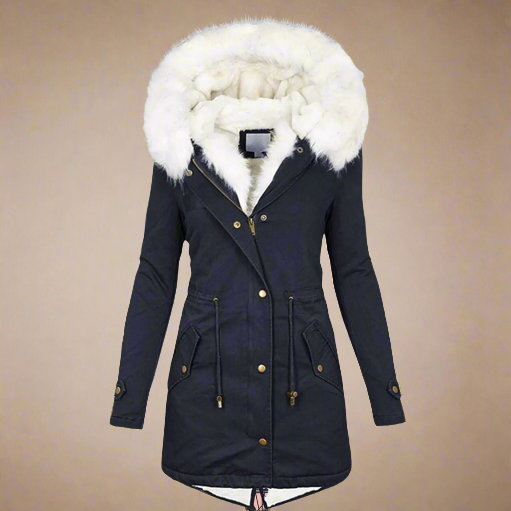 Damen Winterjacke mit Kapuze, schwarzer Parka, Kunstfellbesatz, warm gefüttert, modisch, elegant, ideal für kalte Tage, hochwertig verarbeitet.