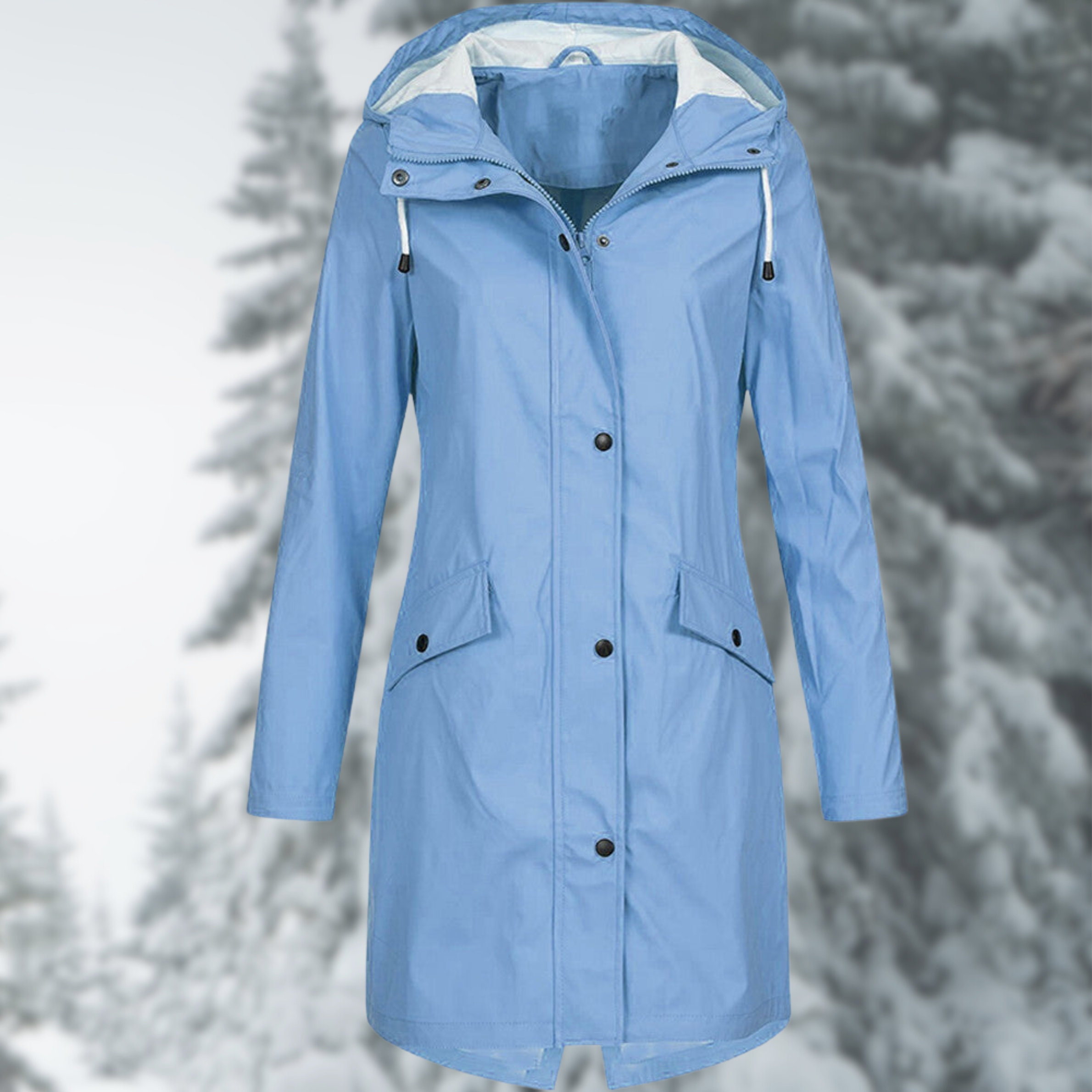 Damen Wintermantel in Hellblau mit Kapuze, wasserdicht und winddicht, ideal für kalte Tage. Perfekt für Outdoor-Aktivitäten im Winter.