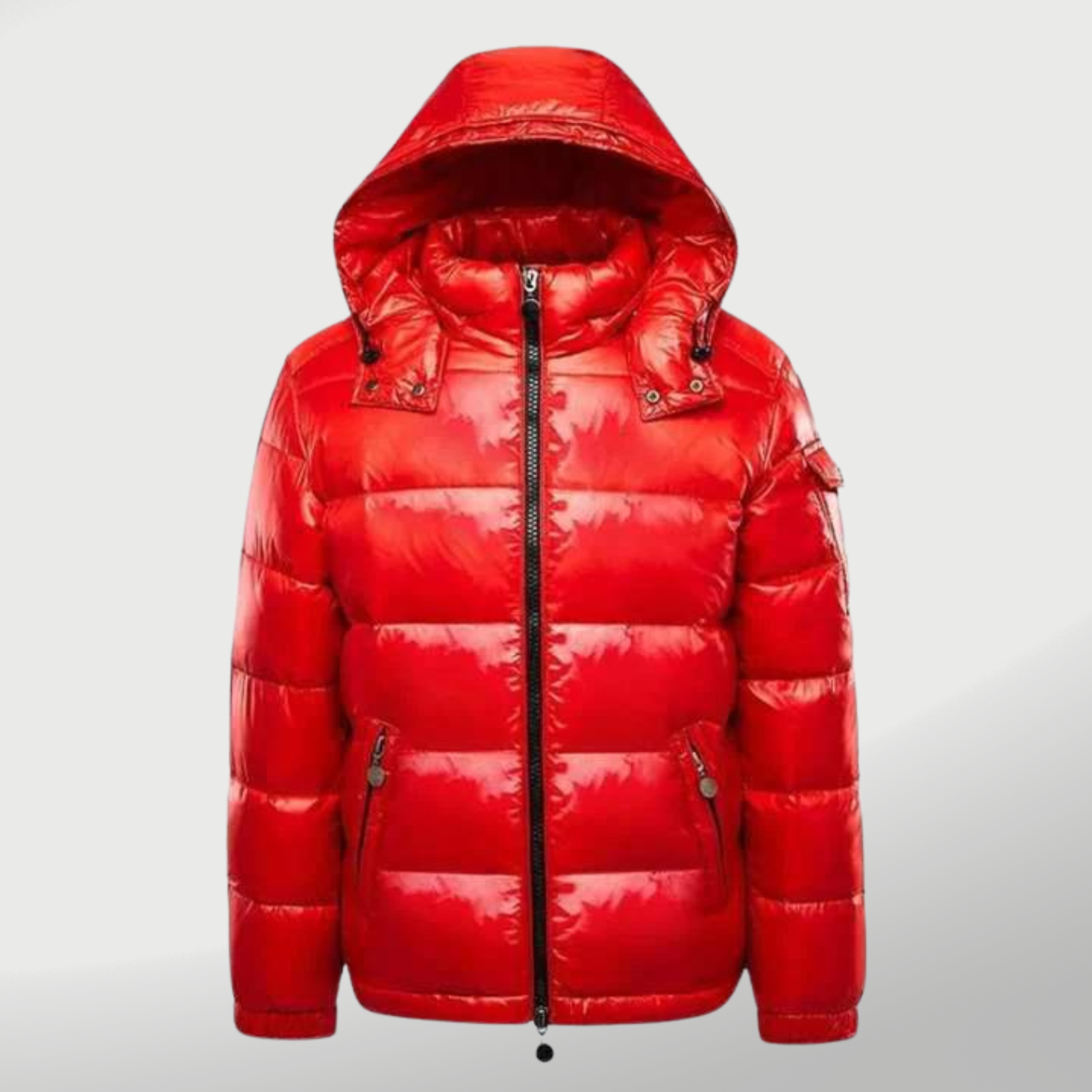 Rote Daunenjacke mit Kapuze, glänzendem Finish und Reißverschluss. Perfekt für Wintermode, Outdoor-Aktivitäten und stilvolle Wärme.
