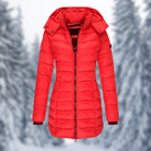 Roter Damen-Wintermantel mit Kapuze, gesteppte Daunenjacke, ideal für kalte Temperaturen. Modisch, warm und funktional für den Winter.
