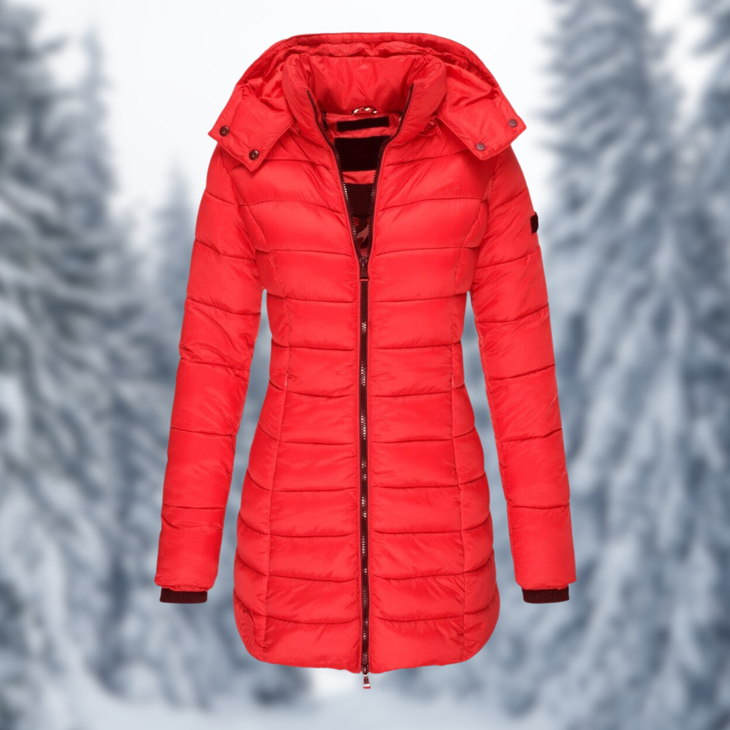 Roter Damen-Wintermantel mit Kapuze, gesteppte Daunenjacke, ideal für kalte Temperaturen. Modisch, warm und funktional für den Winter.