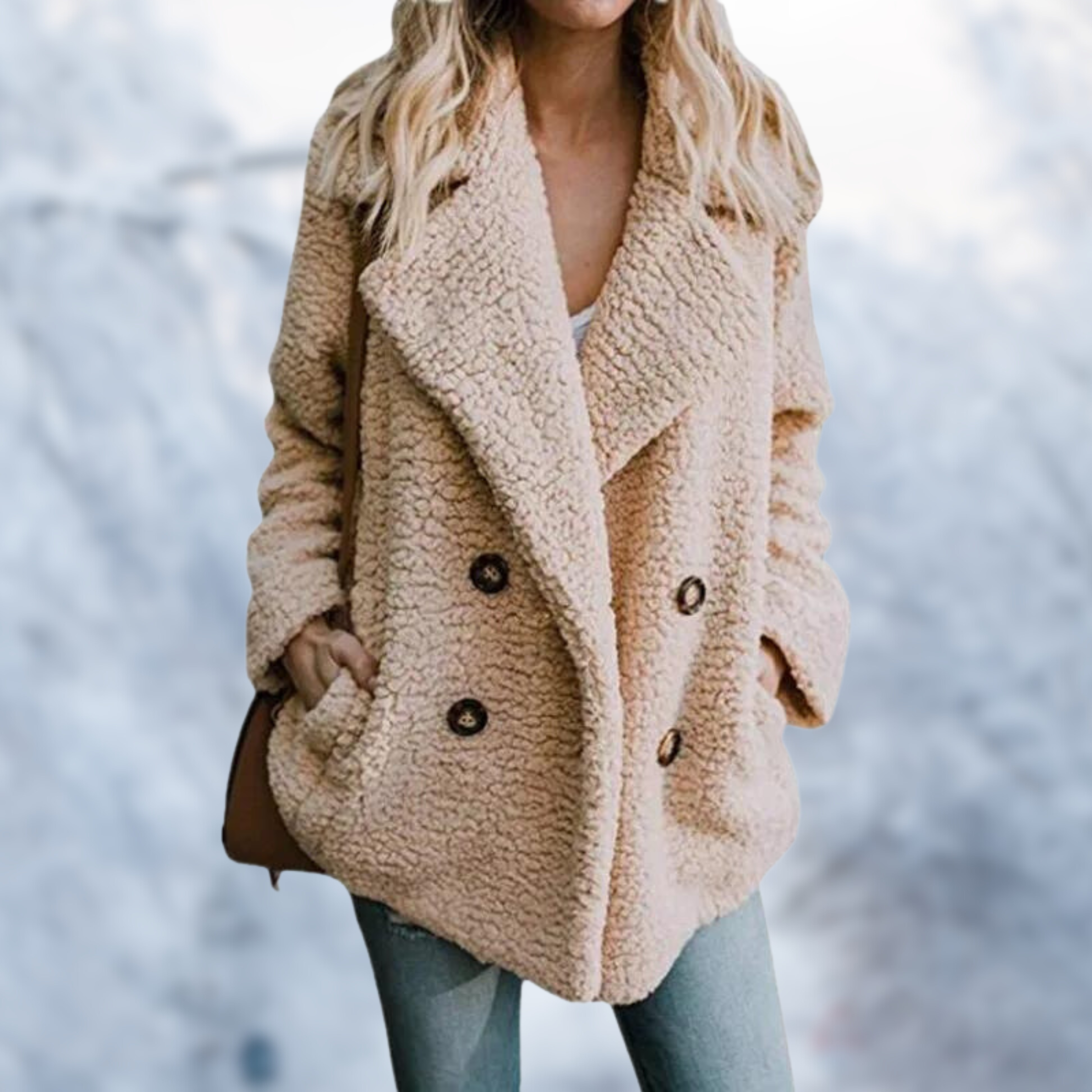Damen Teddy-Mantel in Beige, kuschelig und modisch, ideal für Herbst und Winter. Perfekt kombinierbar mit Jeans für einen lässigen Look.