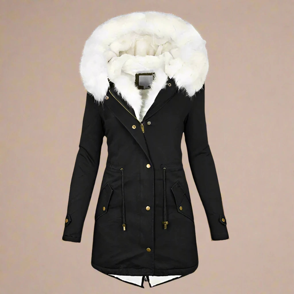 Damen Wintermantel mit Kapuze, schwarz, Kunstfellbesatz, warm, modisch, elegant, ideal für kalte Tage, hochwertige Materialien, stilvoll.