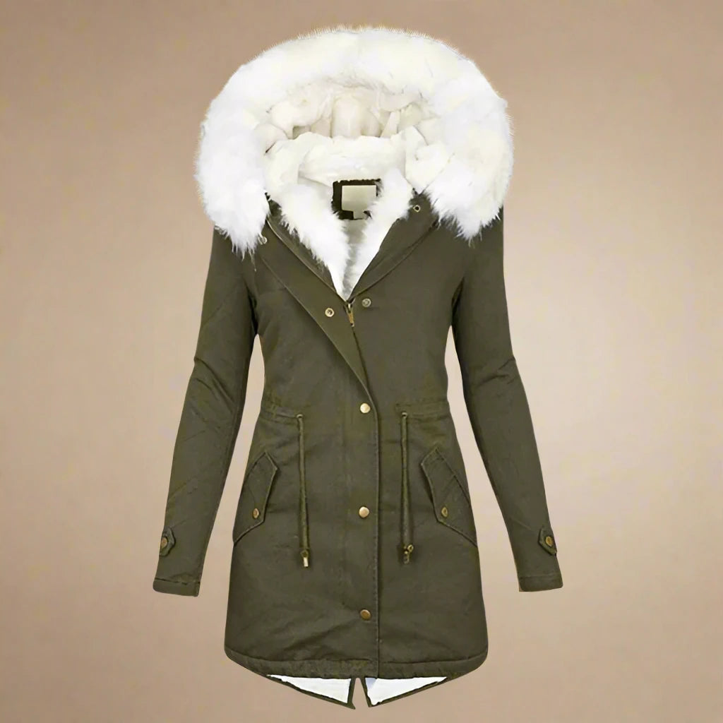 Damen Winterparka mit Kapuze, olivgrün, Kunstfellbesatz, warm gefüttert, modisch, funktional, ideal für kalte Tage, stilvoller Outdoor-Mantel.