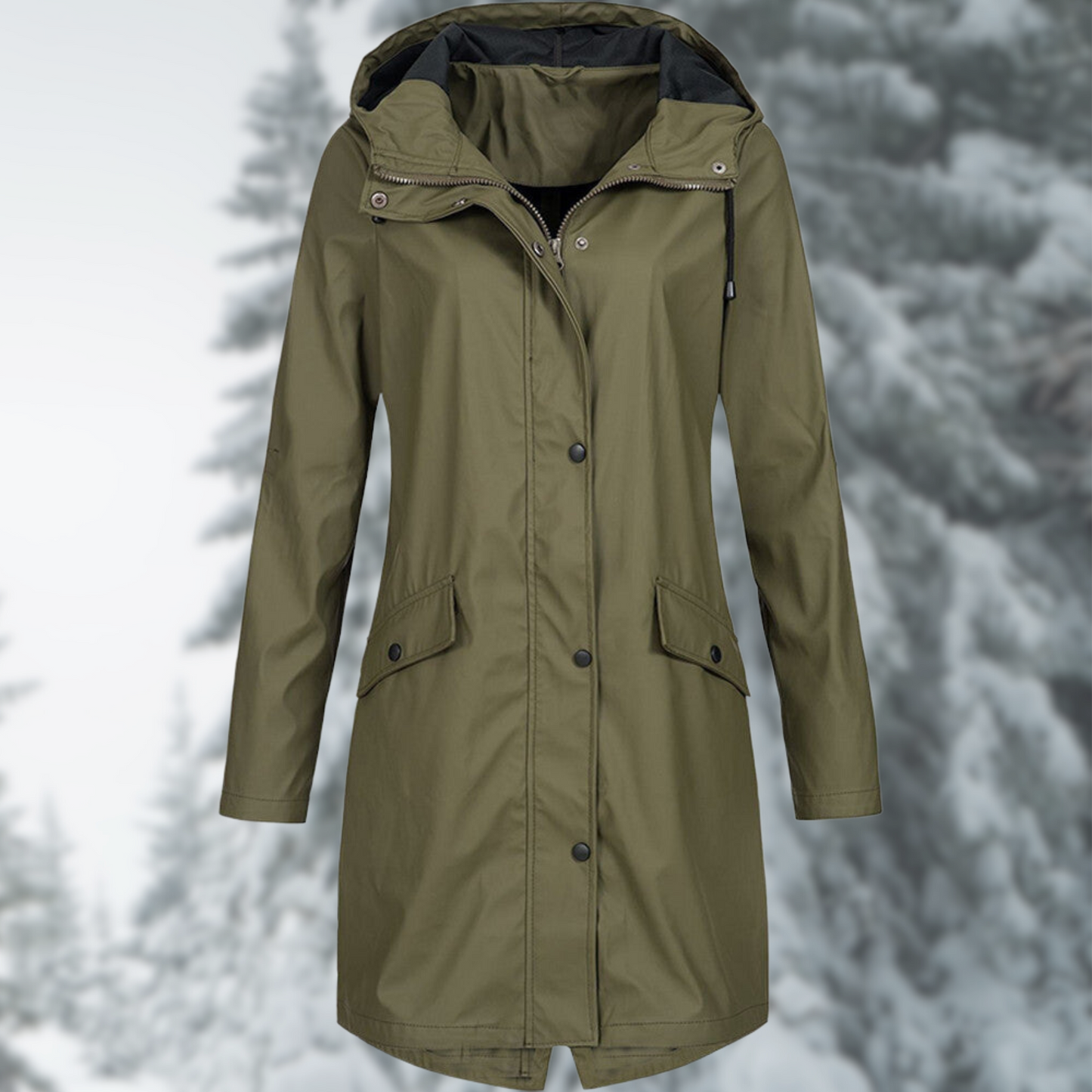 Damen-Parka in Olivgrün, wasserdicht, mit Kapuze und Taschen. Perfekt für Wintermode und Outdoor-Aktivitäten. Stilvoller, funktionaler Mantel.