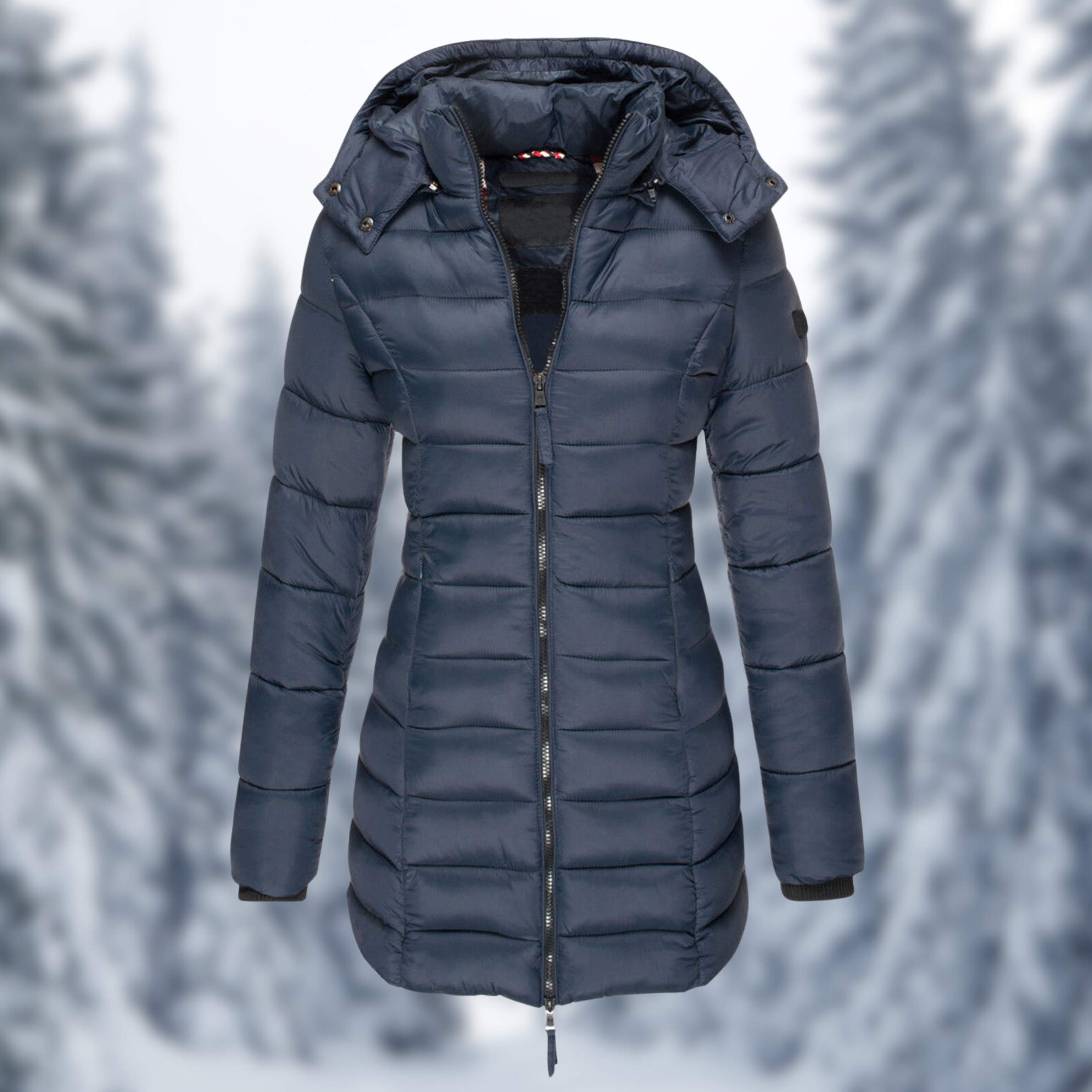 Damen Winterjacke in Dunkelblau, gesteppte Daunenoptik, mit Kapuze. Perfekt für kalte Tage. Modisch, warm und funktional.