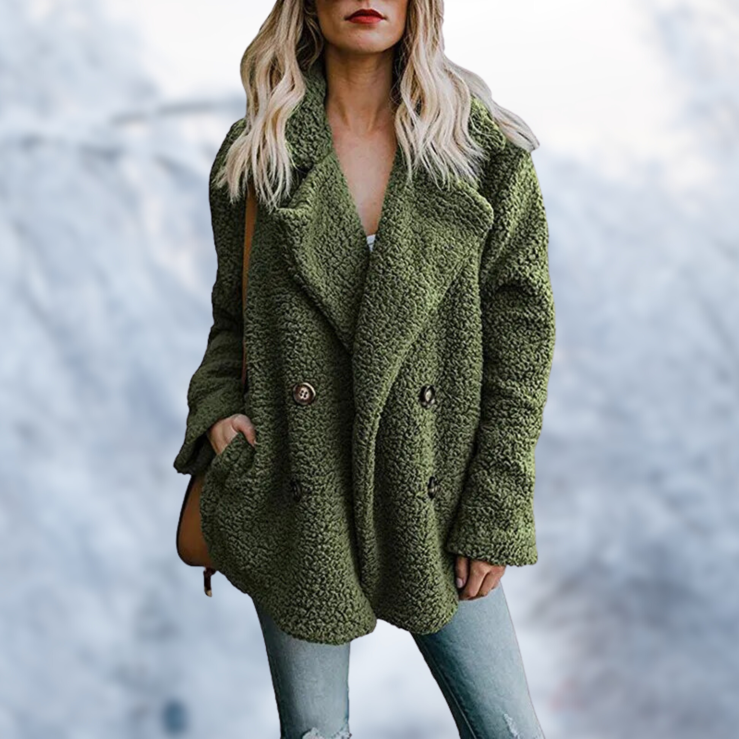 Grüner Damen Teddy-Mantel, kuschelig und modisch, ideal für Herbst und Winter. Perfekt kombinierbar mit Jeans für einen lässigen Look.