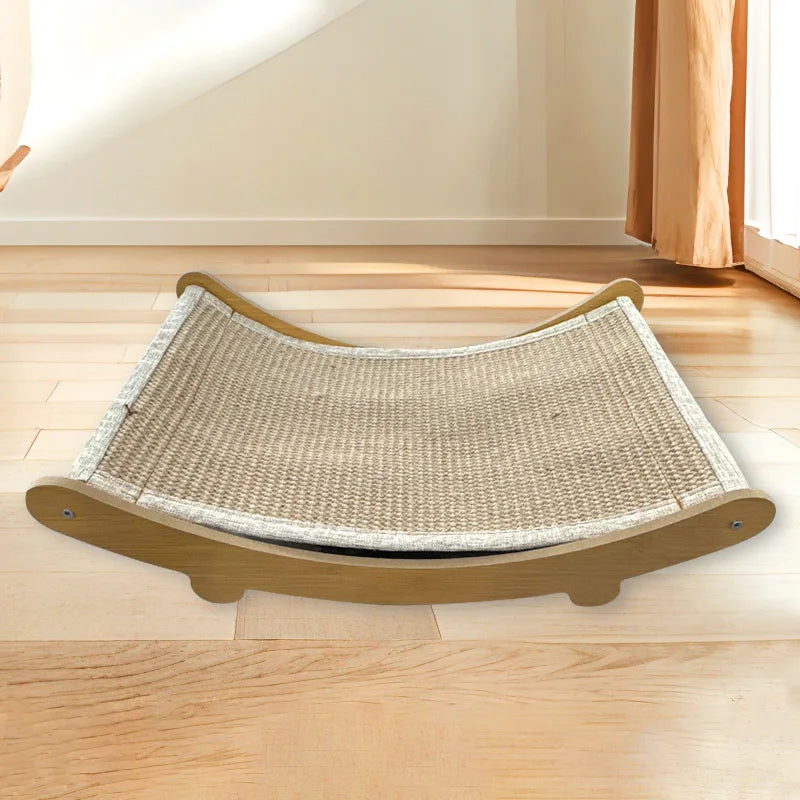 Katzenbett aus Holz mit geflochtenem Sisal, ergonomisch, beige, für Haustiere, modernes Design.
