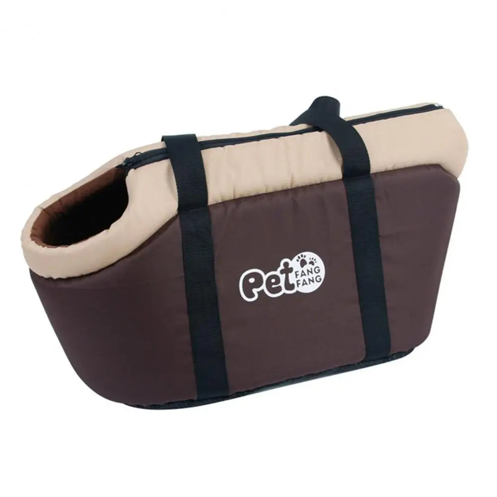 Braune Hundetragetasche mit schwarzem Griff, Reißverschluss, Logo "Pet Fang Fang".