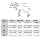 Größentabelle für Hundemantel: Halsumfang, Taillenumfang und Rückenlänge in cm. Größen S bis 3XL. Perfekt für verschiedene Hunderassen.