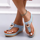 Damen-Sandalen in Hellblau mit Keilabsatz, offenem Zehenbereich und dekorativem Ringdetail. Perfekt für Sommermode und bequemen Stil.