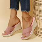 Damen Plateau-Sandalen, rosa, geflochten, Keilabsatz, offen, lässig, Sommermode.