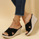 Damen Plateau-Sandalen, schwarz, Keilabsatz, geflochten, lässig, offene Zehen.