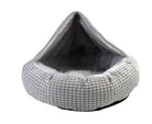 Graues Katzenbett aus weichem Stoff, gemütlich und höhlenartig, ideal für Haustiere.