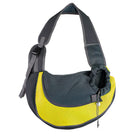 Gelbe und schwarze Hundetragetasche aus Mesh, ergonomisch, verstellbarer Schultergurt.