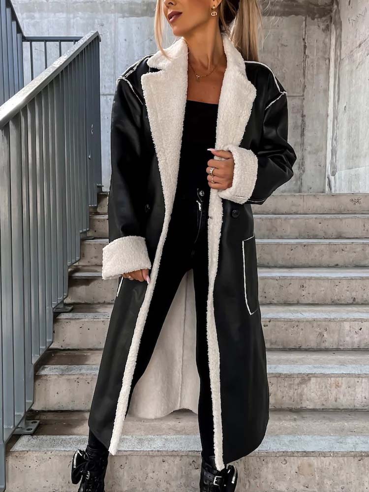 Damen Wintermantel aus Kunstleder mit weißem Lammfellfutter, modisch und warm, ideal für kalte Tage. Perfekt für stilvolle Winteroutfits.
